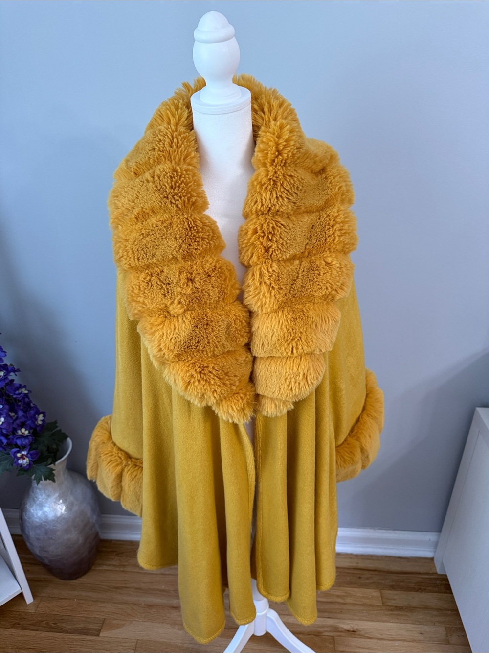 Patrizia Luca Mustard Faux Fur-Trim Cape